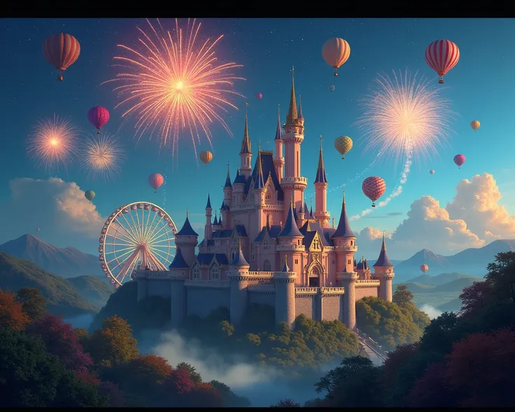 castle, balloons, ferris wheel, fireworks, night