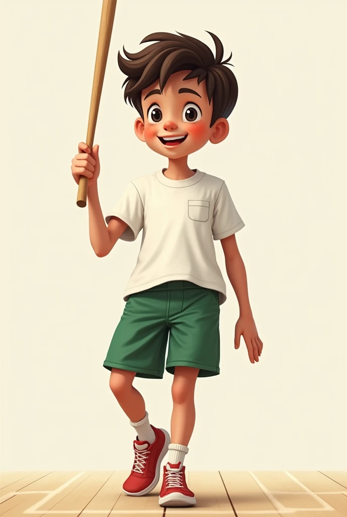 An  boy wearing white and green physical education clothes carries a small wooden stick in his hand