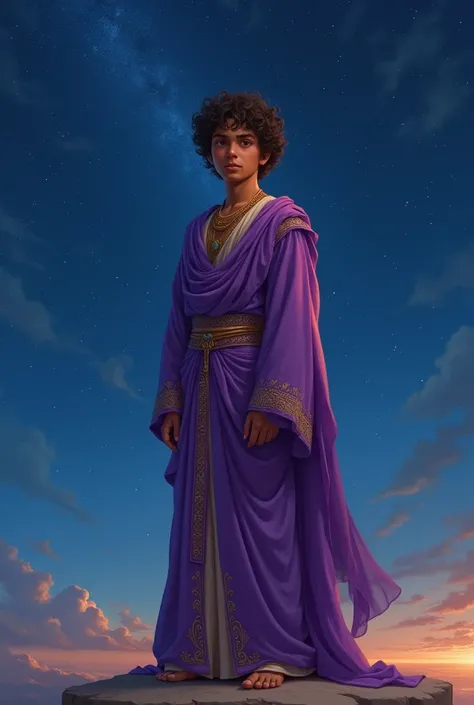 An Arab boy ,  wearing Corinthian clothing ,  on a starry blue night. purple clothes.  brown skin. Drawing