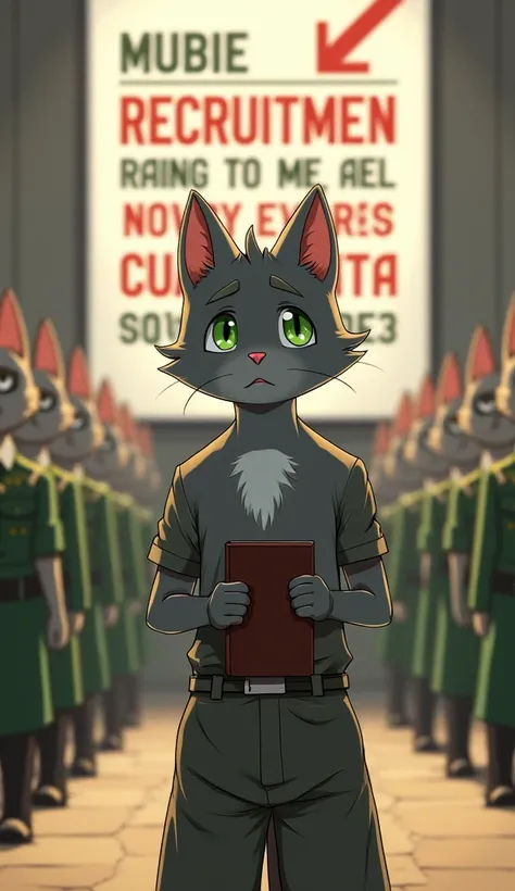 A reslist "The humanoid cat protagonist, now an adult, with short gray fur, a white patch on his chest and bright green eyes, wears a simple shirt and fabric pants. He is standing in front of a military recruitment poster, with a determined posture. He hol...