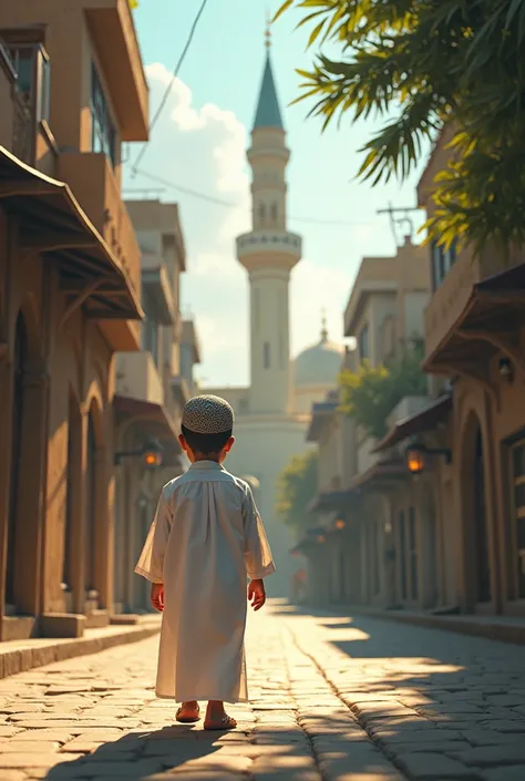 Small boy going to mosque. 