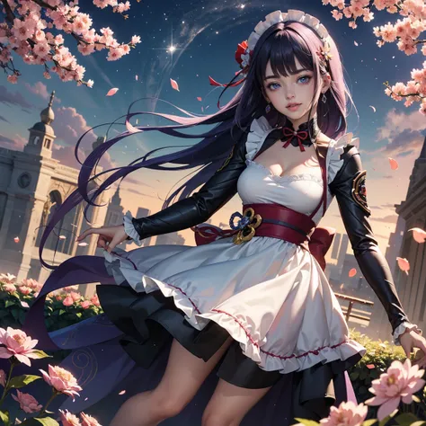 raiden shogun_(genshin impact), 1girl, dress, solo, collarbone, long flowing hair, purple hair, floating hair, ornament hair, perfectly body, gold jewelry, jewelry, maid, maid dress, perfectly hands, on garden, petals, purple roses, centered girl, maid, ma...