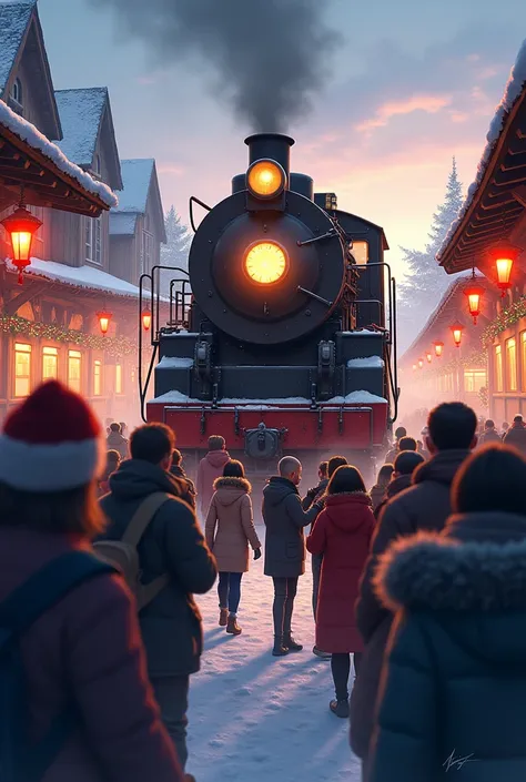 A train stopped at a station without a station building, a crowd of people surrounding the train as if it were an outdoor festival, Christmas decorations, masterpiece, best quality, very aesthetic, absurdres, very aesthetic