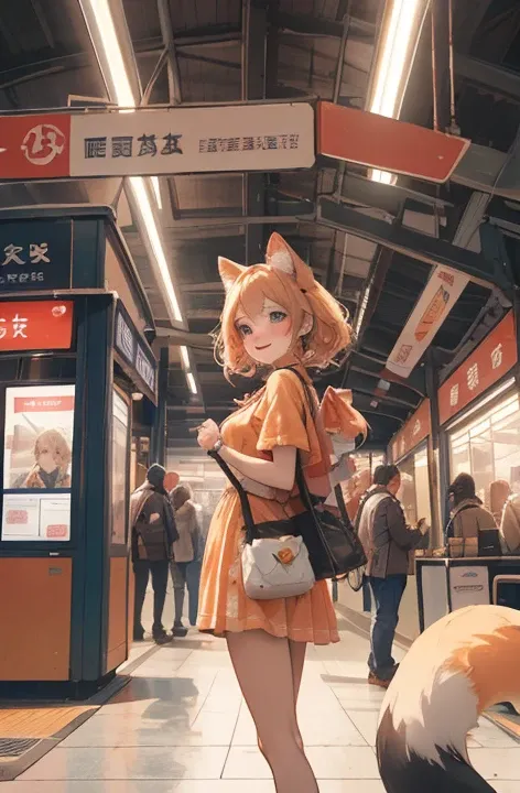 (  Masterpiece ),    best quality ,    super high resolution, ((A bustling station))，A lot of people coming and going 々 ，Station kiosks 、 is a baby fox with a cute tail， apricot hair 、Apricot-colored clothing、 smile，Professional photography，Wide angle