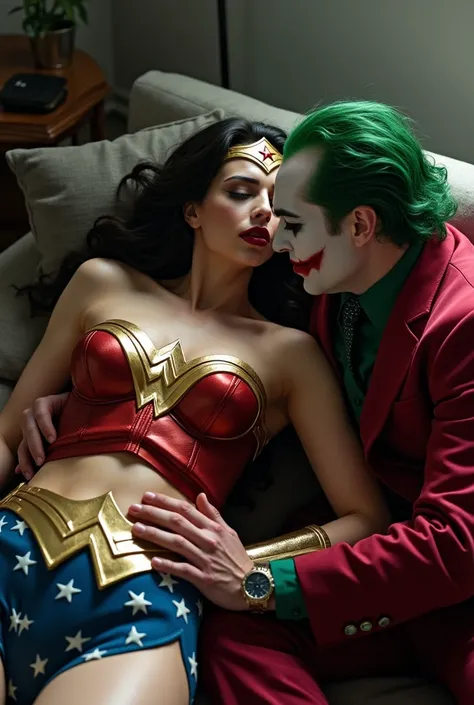  Wonder Woman being put to sleep by the Joker  . Wonder Woman with huge breasts  .  the Joker with his left hand takes one of Wonder Womans breasts and with his right hand he sticks his fingers into Wonder Womans vagina underneath her heroine clothes. wond...