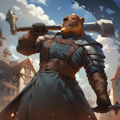 Medieval, armory, ((score_9, score_8, score_7)), (highly detailed), detailed background, anthro, unique pose, ((Expressiveh)), male, black bear, older, beard, blacksmith, holding a hammer, anvil,