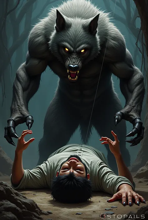  The werewolf on top of the young  (with a drawing line )  who is lying on the ground about to bite the young man
