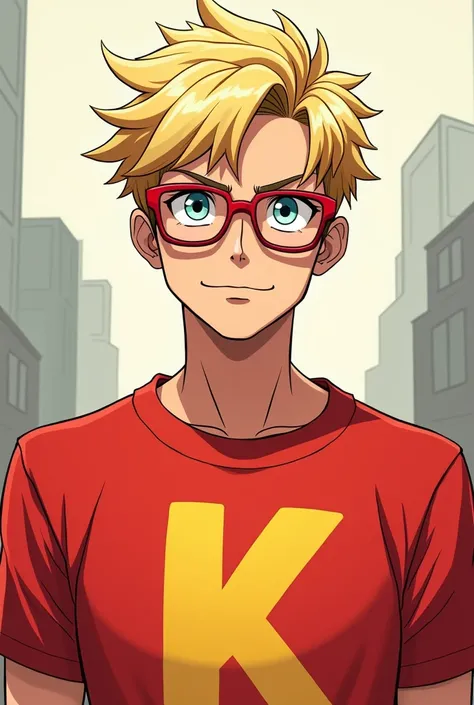 An adult man with blond hair and red glasses and a red shirt with a big k in the middle anime style 