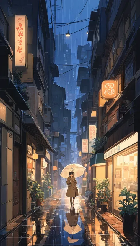 A stylized 1980s-1990s anime-inspired illustration of a young woman standing on a quiet street corner on a rainy evening, holding a transparent umbrella. She wears a trench coat and has a soft, wistful expression. The streetlights cast a warm glow, reflect...