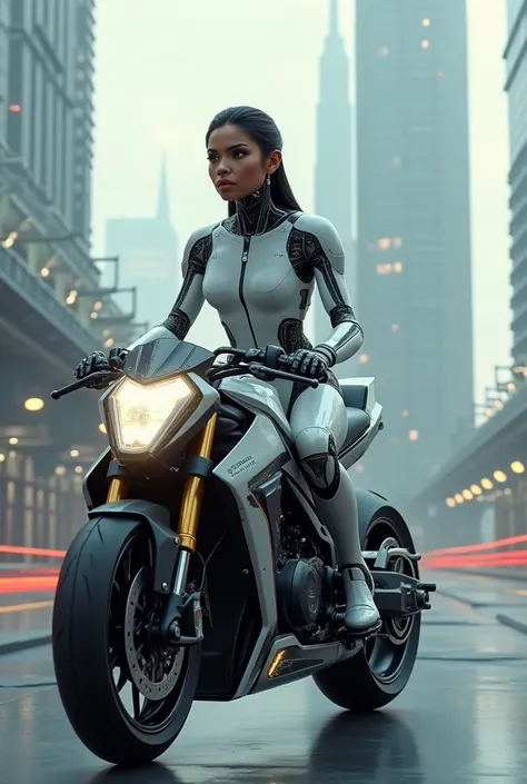 an advanced synthetic flesh android 18 years old, looks like rosario dawson, riding a futuristic motorcycle
