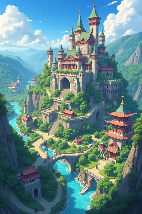 Scenery of a fantasy anime kingdom from above