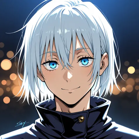 "Anime-style full portrait of Satoru Gojo, accurately reflecting his appearance from Jujutsu Kaisen. His messy white hair is naturally styled, with soft spiky strands flowing in a way that conveys both movement and calm. His glowing electric blue eyes radi...