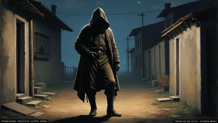 "Using this image of the shadowy, cloaked drug dealer figure, modify it to show the dealer offering a bottle of cloroformo. The figure should remain silhouetted, with the face obscured by the dark hood, and the same period-appropriate attire (weathered coa...