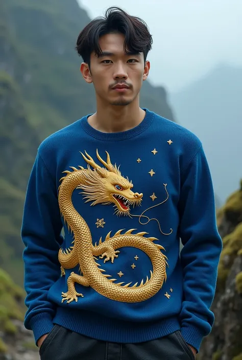 blue sweater with a golden dragon