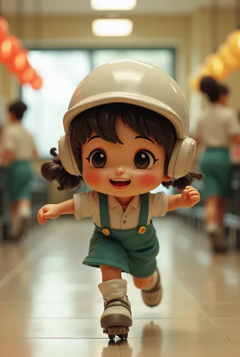 A slightly dwarf lady with a hair protector and skates wearing a cafeteria uniform 