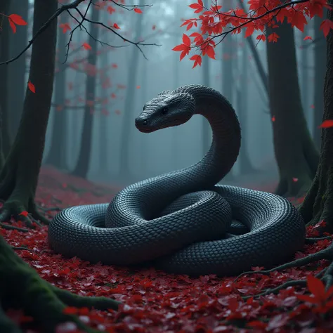 A massive python lies coiled on the crimson forest floor, its sleek body blending with the scattering red leaves. The forest around it is still, with a cold wind stirring the fallen foliage, while the bare branches above let soft red leaves drift gently do...