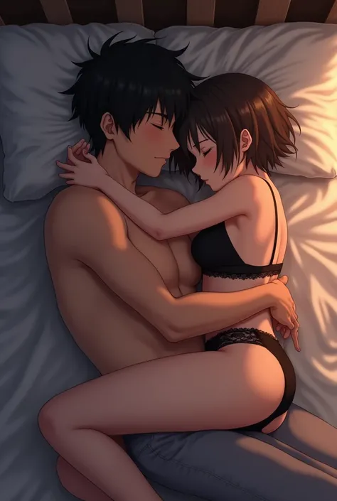 Anime girl with short brown hair , sleeping with her black-haired boyfriend in a spoon pose in sexy underwear the boy embraces her from the side pose spoon 