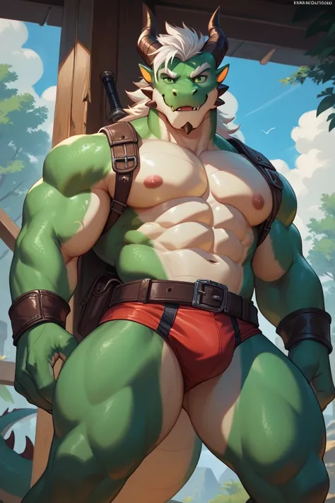 Furry,dragon,blue,muscle,green eyes,underwear,strong,white hair,warrior