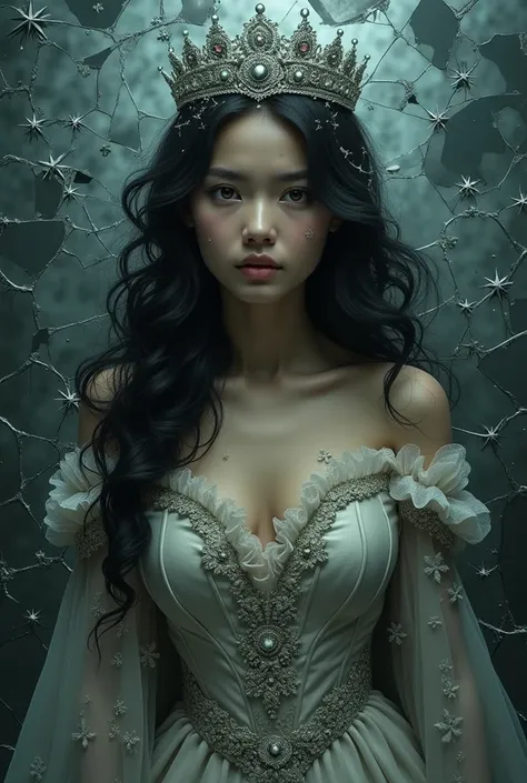 A girl with dark-skinned hair , black hair, dark brown eyes ,  dressed as a princess,with many broken mirrors around with lost eyes and mirrors surrounding her seeing the reflection