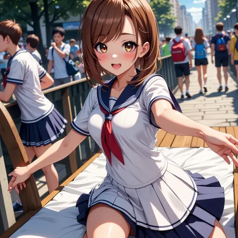  Elegant Poses ,  sleeves that extend to fingertips  , Accurate, Red plump lips,  standing , Her eyebrows raised sharply ,  sailor suit ,  Very crowded 、several people having fun with each other々 ,  (  Gantz suit), a woman laying on a white sheet with larg...