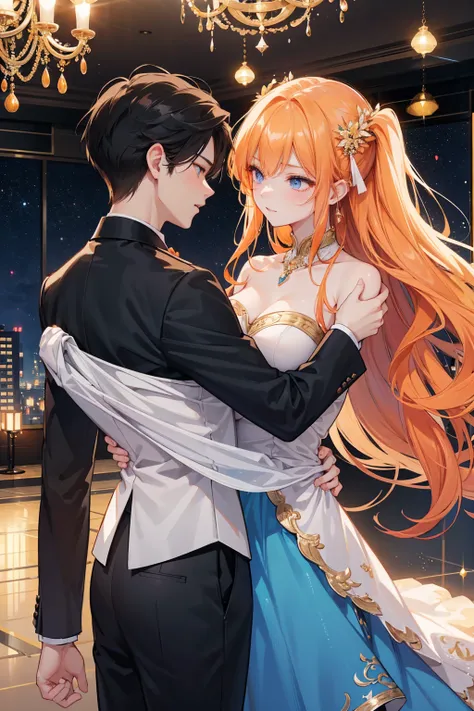 Marquis  &#39;  young men - prom night 、 Destined meeting scene :

in a ballroom with sparkling chandeliers、Marquis 令嬢は一people静かに佇んでいる。
There、 A young man with orange hair appears .、 Invite a young lady to dance 。
二peopleは美しい旋律に乗って踊り、 Both are attracted to...