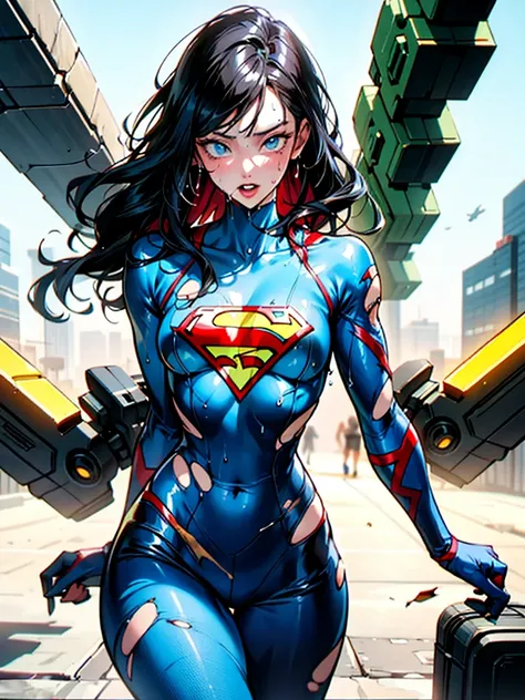 a digital painting of long haired supergirl, cyberpunk art by Josan Gonzalez, winner of the behance contest, afrofuturism, synthwave, neon, bright neon , thick thighs ,  thin waist , Sensual, nsfw,  not enough clothes, erotic art, anime, battle torn clothe...