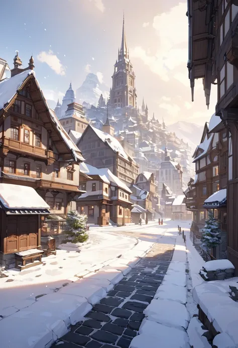 scenery, town with beginning of snow, snow not on ground or buildings, fantasy, fantastic, ground-level shot