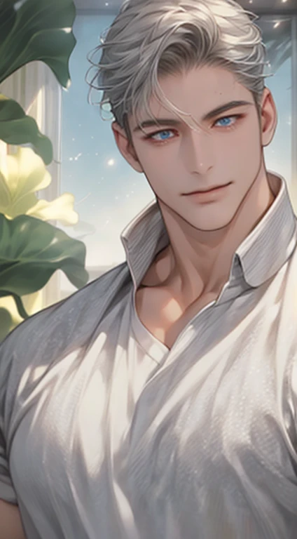 (best quality,4k,8k,highres,masterpiece:1.2),ultra-detailed,(realistic,photorealistic,photo-realistic:1.37),1 man,31 years old,mature man,very handsome,without expression,smile,short gray white hair,blue eyes,penetrating gaze,perfect face without errors,im...