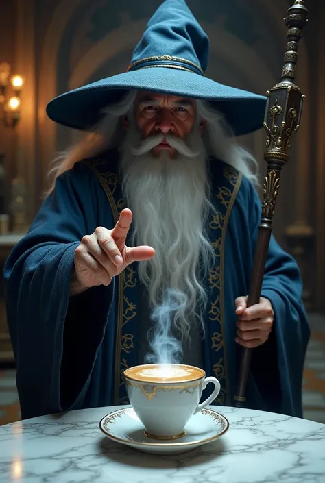 A white-bearded wizard in a dark blue robe and tall hat waves a wand to summon an espresso to appear on a white marble table.