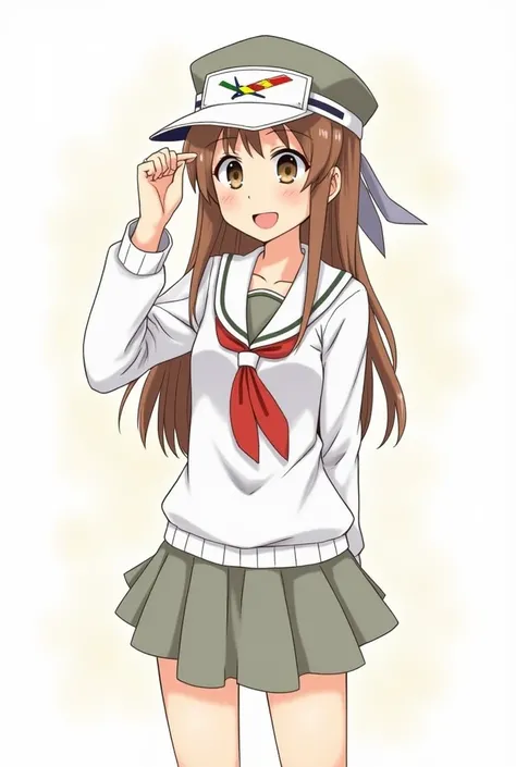 1 girl, Ryujou  (kancolle), Alone,  brown hair , collections, brown eyes,  visor cap , correct, Open your mouth, aircraft, smile, plane, fondo blanco,  Japanese clothing ,  simple background ,  your publication, , long hair