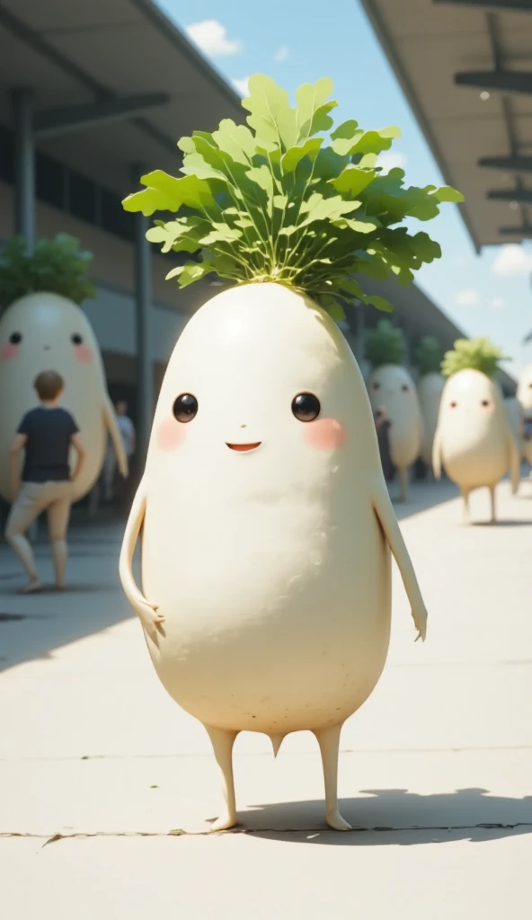 masterpiece, anatomically correct ,A ver small Daikon character is walking,Draw in the foreground, it is at a crowded train station,so many people,Blend in with the scenery, Holiday Season , illustration, Happy Atmosphere , anatomically correct ,  best qua...