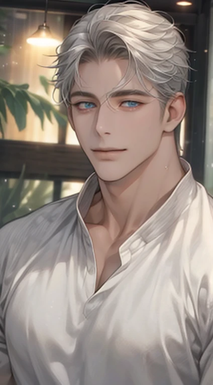 (best quality,4k,8k,highres,masterpiece:1.2),ultra-detailed,(realistic,photorealistic,photo-realistic:1.37),1 man,31 years old,mature man,very handsome,without expression,smile,short gray white hair,blue eyes,penetrating gaze,perfect face without errors,im...