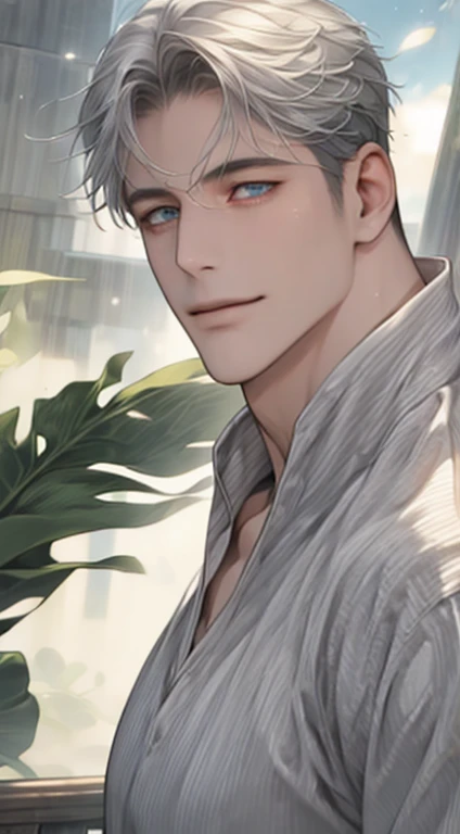 (best quality,4k,8k,highres,masterpiece:1.2),ultra-detailed,(realistic,photorealistic,photo-realistic:1.37),1 man,31 years old,mature man,very handsome,without expression,smile,short gray white hair,blue eyes,penetrating gaze,perfect face without errors,im...