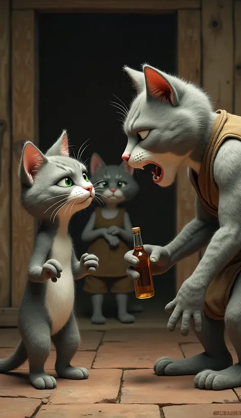 A realist "In a rustic room, the humanoid cat protagonist, with short gray fur, a white spot on his chest and bright green eyes, is dressed in simple clothes and argues with his feline father, an older humanoid cat with gray and white fur, who holds a bott...