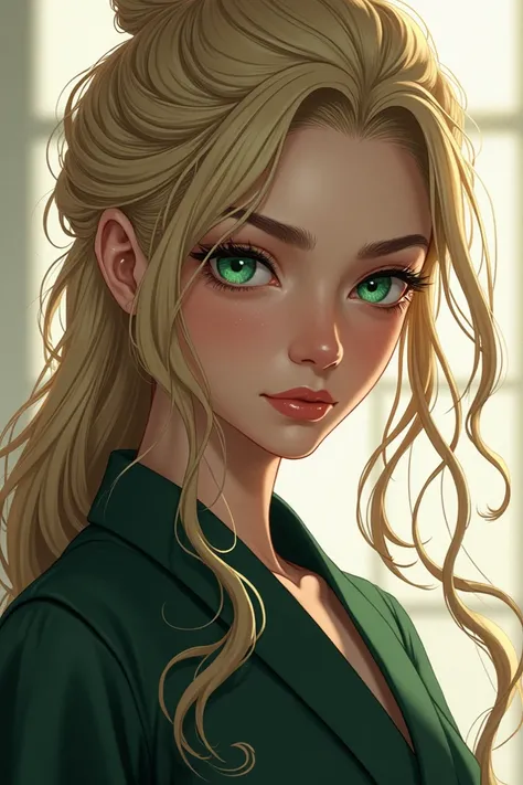  A 26-year-old kunoichi ,  daughter of Tsunade and Jiraiya She has a profiled face and a soft jaw. Its eyes are almond shaped with a green color,  with a sensual expression .  his hair is blond ,  wavy and long voluminous ,  falling into disordered locks a...