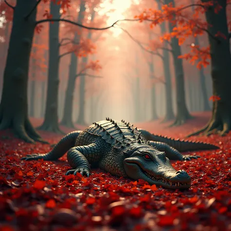 A massive crocodile lies motionless on a blood-red leaf-covered ground in a vast crimson forest. The fallen creatures scales glisten in the soft beams of golden light filtering through the bare trees. The surrounding forest is eerily quiet, with scattered ...