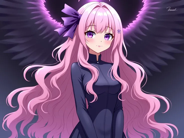  full bodied girl with very long hair to the floor and with very marked curls like small spirals very elegant,  in addition to a purple ribbon on one side her pastel pink hair , purple eyes and with a look full of hate ,  and with a terrifying eagle of pur...