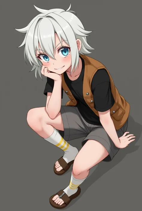 Sage is a girl with has slightly short white hair, a little below the nape of her neck... with bangs on her face and highlights on the side... her hair is white and messy. Her eyes are blue. She wears a brown vest closed with some metal buttons and pockets...