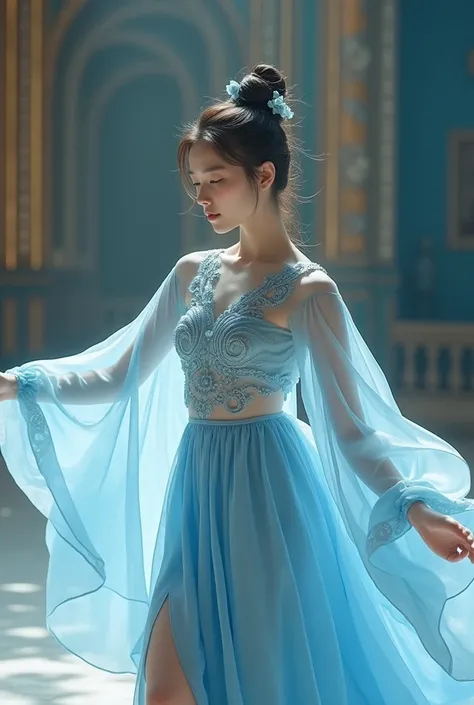 Beautiful 20-year-old Korean girl wearing an elegant light blue dance costume adorned with intricate embroidery and detailed patterns. The outfit features a high-necked, semi-transparent top paired with a matching skirt that has slits for graceful movement...