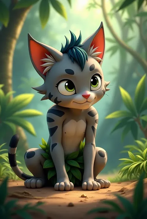 In 2d animation  ,  a young gray cat boy with black stripes  , ANTHROPOMORPHIC, that is, on two legs  ,  in loincloths made of leaves  ,  the young cat boy is kneeling ,  and his arms are on the ground  , fists in the ground  , in the jungle , The cat is y...