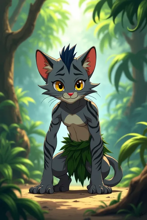 In 2d animation  ,  a young gray cat boy with black stripes  , ANTHROPOMORPHIC, that is, on two legs  ,  in loincloths made of leaves  ,  the young cat boy is kneeling  ,  and his arms are on the ground  , fists in the ground  , in the jungle , The cat is ...