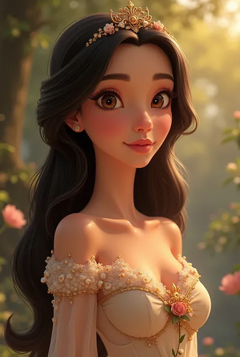 very beautiful animated disney princess, straight long dark brown hair, dark brown eyes, european