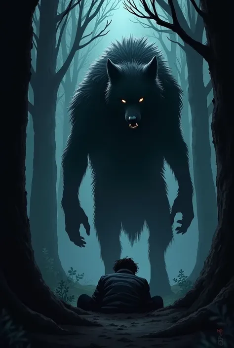 It was possible to see only the shadow of a young man lying on the ground with a werewolf in him ready to bite him in a dark forest with a dark image 

