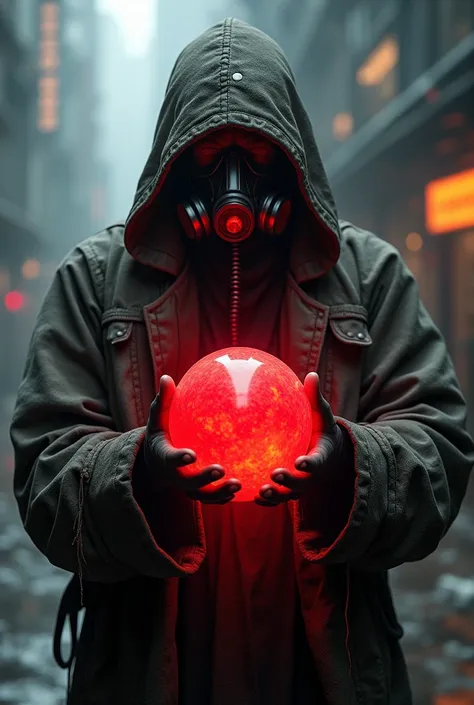 Create a dark, futuristic character, a little hooded in somewhat torn clothing, with the ability to mow his enemies with a red ball. , That his face is like a breathing mask  ,  and that with both hands he is carrying such a blinding red ball  , more futur...