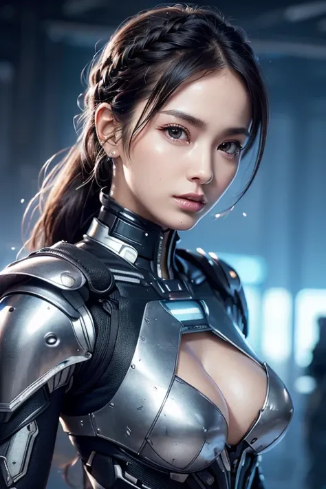 ((super-real photography: 1.5)), whole body, A bold and aggressive pose, 
BREAK
Cyborg Girl, 
BREAK
(beautiful face: 1.5), (Super cute: 1.5), (Babyface), European, well-balanced face, stunning big eyes, luscious glossy lips, braided ponytail, blunt bangs, ...