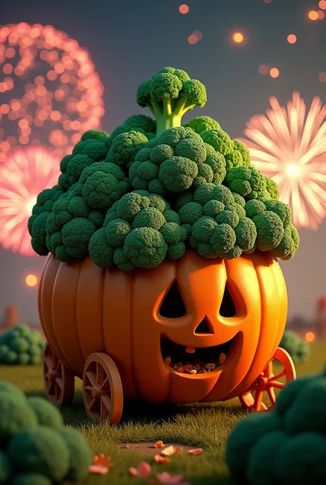 There are lots of broccoli on top of the pumpkin carriage、Fireworks in the background