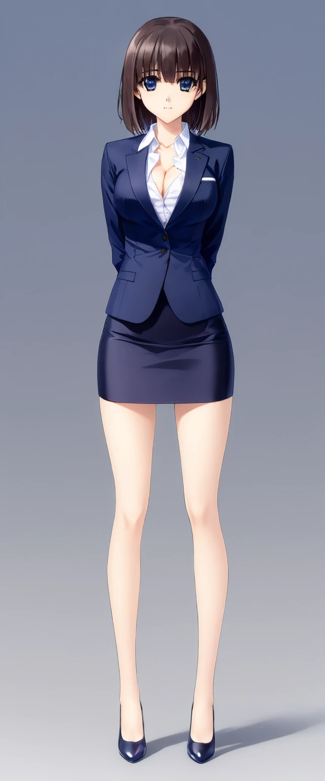 Megumi Kato,  1 girl, Alone, bangs,  brown hair, (((Female lawyer, ( formal suit micro mini skirt,   Micro Mini Pencil Skirt),  white shirt,   Navy Blue Jacket,Big Breasts、 cleavage、Thin legs、The white panties are visible from the hem of the skirt,The whit...