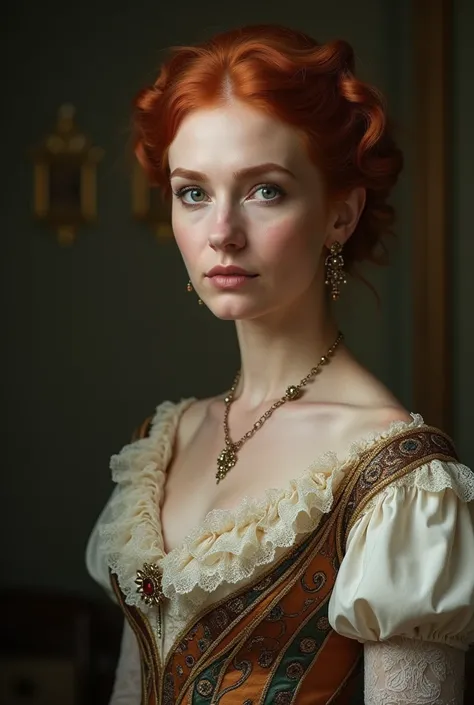  A 60-year-old woman , Redhead , elegant , with a serious and very beautiful expression and dressed like the Victorian era 