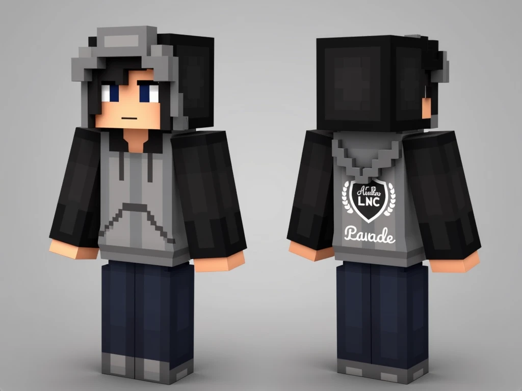 generate minecraft skin with hoodie color grey and black and add logo LNC Builder on the back hoodie