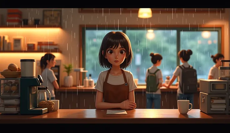 " A cozy cafeteria on a rainy night , with soft light and a warm environment . clara,  a 22-year-old girl with dark brown hair and big eyes,  is behind the counter serving coffee .  Her expression shows determination and a slight tiredness .  There are ima...